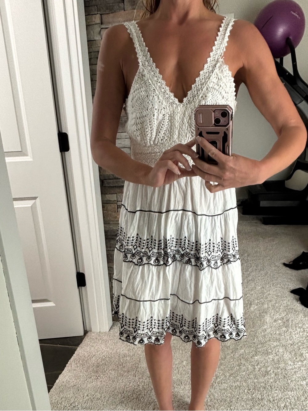 White Crochet Bodice Sundress with Black Embroidery